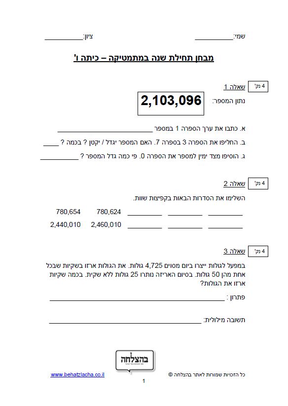 מבחן במתמטיקה לכיתה ו - מבחן 3 -&nbsp;מספרים בתחום המיליון כתיבה, מיקום ספרות - ייצוג עשרוני, סדרות , חיבור, חיסור, חילוק וכפל במאונך, מעבר משבר מדומה למספר מעורב , מעבר משבר פשוט לשבר עשרוני , חיבור וחיסור מספרים מעורבים , כפל שלם בשבר , &nbsp;שברים מדומים ובהצגה עשרונית על ציר המספרים, בעיות מילוליות, מספרים ראשוניים, מספרים פריקים, אומדן , סדר פעולות חשבון בין חיבור חיסור וחילוק , חישוב ממוצע , גובה, חקר נתונים , חישוב שטח והיקף&nbsp; של מצולעים.
